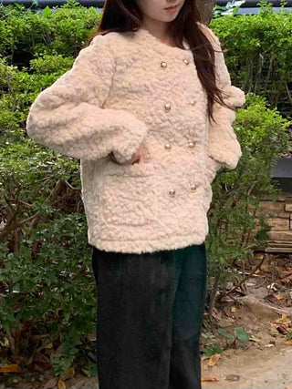 Soft Fuzzy Round Neck Collarless Crop Jacket