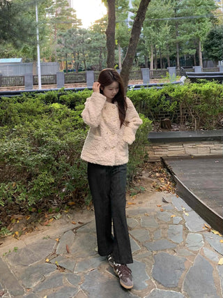 Soft Fuzzy Round Neck Collarless Crop Jacket
