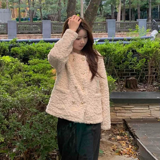 Soft Fuzzy Round Neck Collarless Crop Jacket