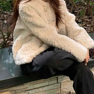 Soft Fuzzy Round Neck Collarless Crop Jacket