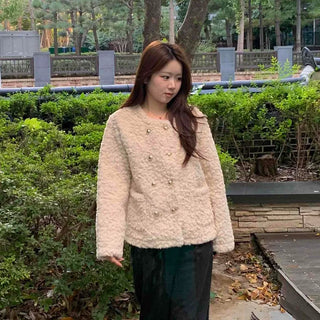 Soft Fuzzy Round Neck Collarless Crop Jacket