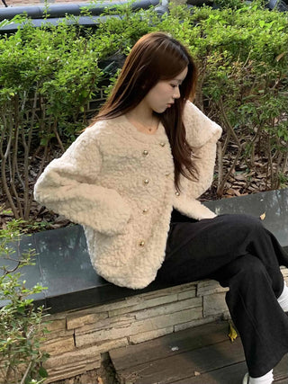 Soft Fuzzy Round Neck Collarless Crop Jacket