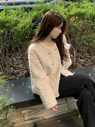 Soft Fuzzy Round Neck Collarless Crop Jacket