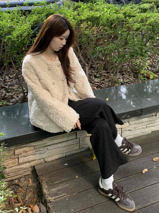 Soft Fuzzy Round Neck Collarless Crop Jacket