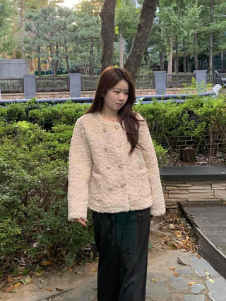 Soft Fuzzy Round Neck Collarless Crop Jacket