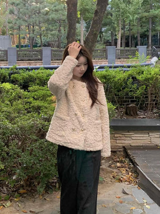 Soft Fuzzy Round Neck Collarless Crop Jacket