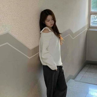 Slash Neck Balloon Sleeve Wool Blend Loose Fit Knit