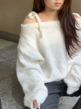 Slash Neck Balloon Sleeve Wool Blend Loose Fit Knit