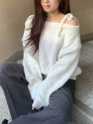 Slash Neck Balloon Sleeve Wool Blend Loose Fit Knit