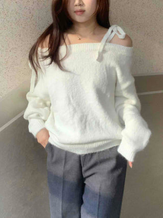 Slash Neck Balloon Sleeve Wool Blend Loose Fit Knit