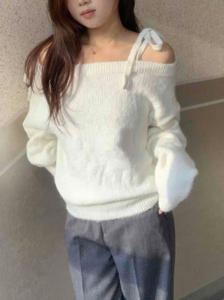 Slash Neck Balloon Sleeve Wool Blend Loose Fit Knit