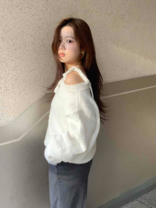 Slash Neck Balloon Sleeve Wool Blend Loose Fit Knit