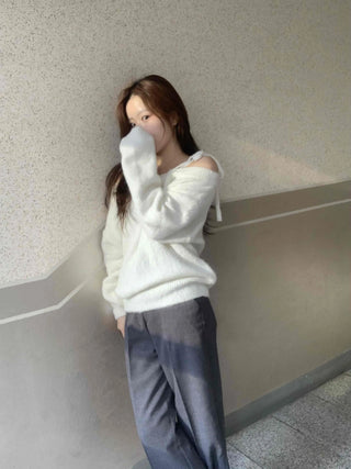 Slash Neck Balloon Sleeve Wool Blend Loose Fit Knit