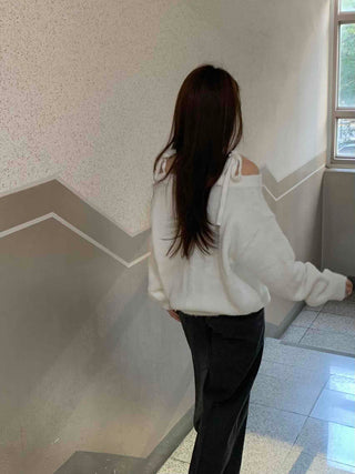 Slash Neck Balloon Sleeve Wool Blend Loose Fit Knit