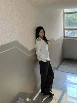 Slash Neck Balloon Sleeve Wool Blend Loose Fit Knit