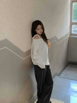 Slash Neck Balloon Sleeve Wool Blend Loose Fit Knit