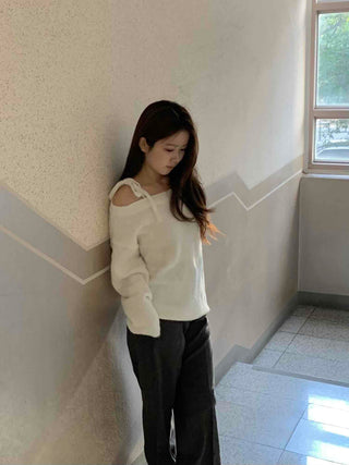 Slash Neck Balloon Sleeve Wool Blend Loose Fit Knit