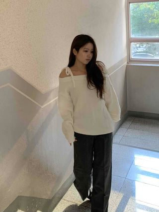 Slash Neck Balloon Sleeve Wool Blend Loose Fit Knit