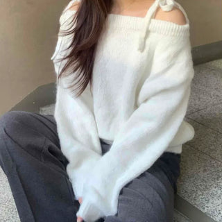 Slash Neck Balloon Sleeve Wool Blend Loose Fit Knit