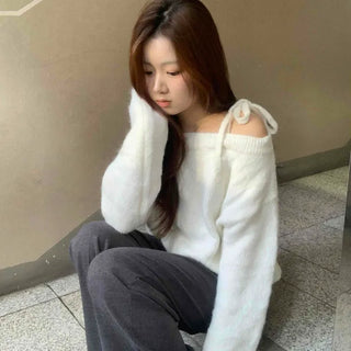 Slash Neck Balloon Sleeve Wool Blend Loose Fit Knit