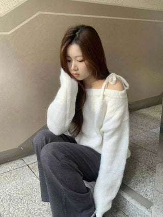 Slash Neck Balloon Sleeve Wool Blend Loose Fit Knit