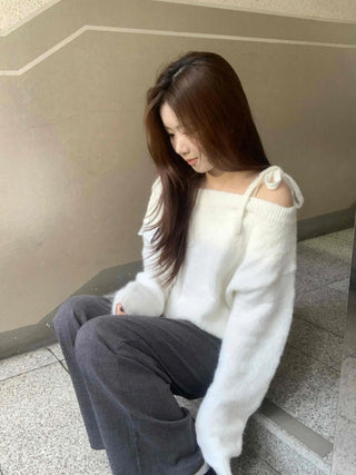 Slash Neck Balloon Sleeve Wool Blend Loose Fit Knit
