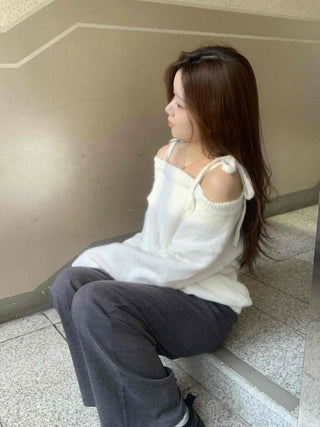 Slash Neck Balloon Sleeve Wool Blend Loose Fit Knit
