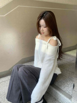 Slash Neck Balloon Sleeve Wool Blend Loose Fit Knit