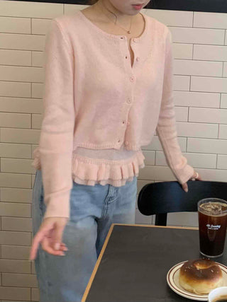 Soft Daily Round Neck Knit Cardigan & Frill Sleeveless