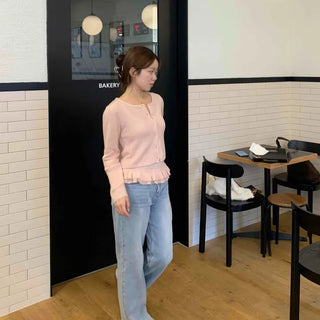 Soft Daily Round Neck Knit Cardigan & Frill Sleeveless