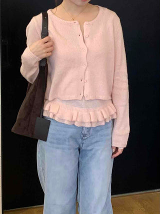 Soft Daily Round Neck Knit Cardigan & Frill Sleeveless