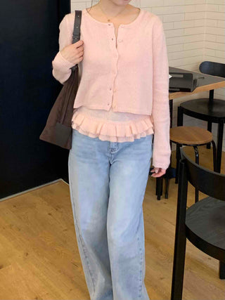 Soft Daily Round Neck Knit Cardigan & Frill Sleeveless