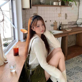 Soft Angora Puff Sleeve Loose Fit Knit Cardigan