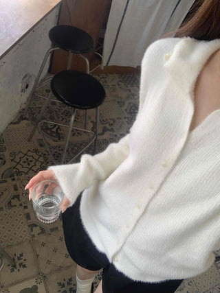 Soft Angora Puff Sleeve Loose Fit Knit Cardigan
