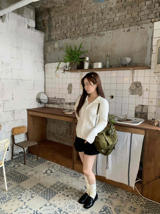 Soft Angora Puff Sleeve Loose Fit Knit Cardigan