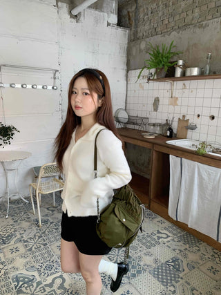 Soft Angora Puff Sleeve Loose Fit Knit Cardigan