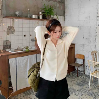 Soft Angora Puff Sleeve Loose Fit Knit Cardigan