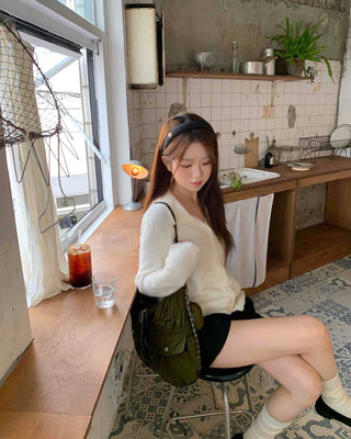 Soft Angora Puff Sleeve Loose Fit Knit Cardigan