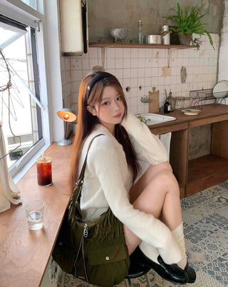 Soft Angora Puff Sleeve Loose Fit Knit Cardigan