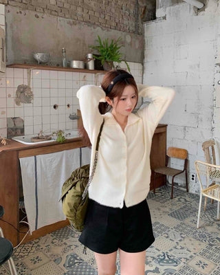 Soft Angora Puff Sleeve Loose Fit Knit Cardigan