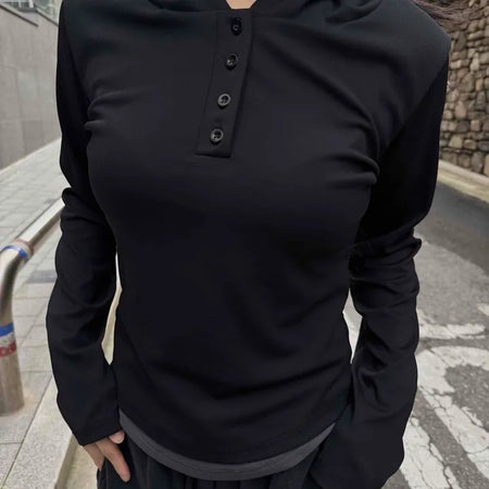 Simple Trendy Color Block Plain Long-Sleeve Hoodie