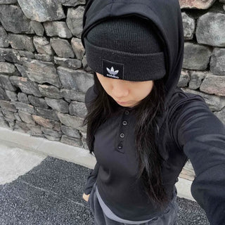 Simple Trendy Color Block Plain Long-Sleeve Hoodie