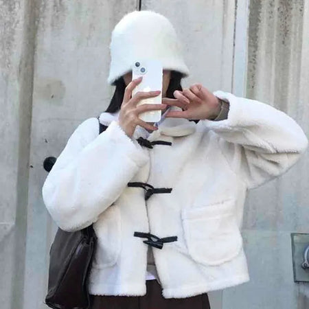 Puppy Mandarin Collar Toggle Short Hooded Fur Jacket
