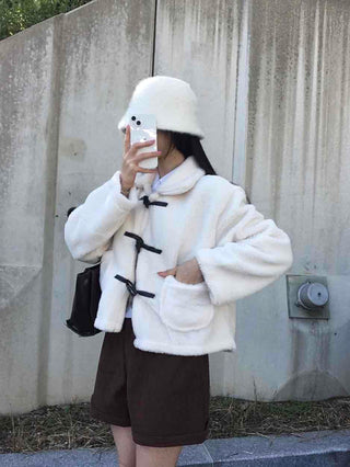 Puppy Mandarin Collar Toggle Short Hooded Fur Jacket