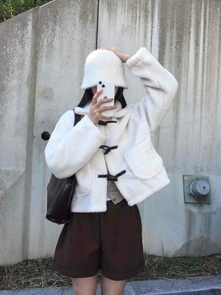 Puppy Mandarin Collar Toggle Short Hooded Fur Jacket