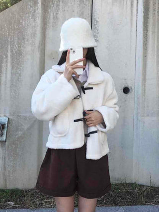 Puppy Mandarin Collar Toggle Short Hooded Fur Jacket