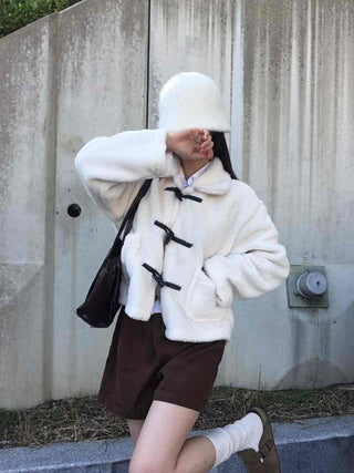 Puppy Mandarin Collar Toggle Short Hooded Fur Jacket