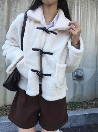 Puppy Mandarin Collar Toggle Short Hooded Fur Jacket