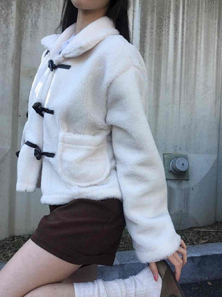 Puppy Mandarin Collar Toggle Short Hooded Fur Jacket