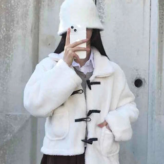Puppy Mandarin Collar Toggle Short Hooded Fur Jacket